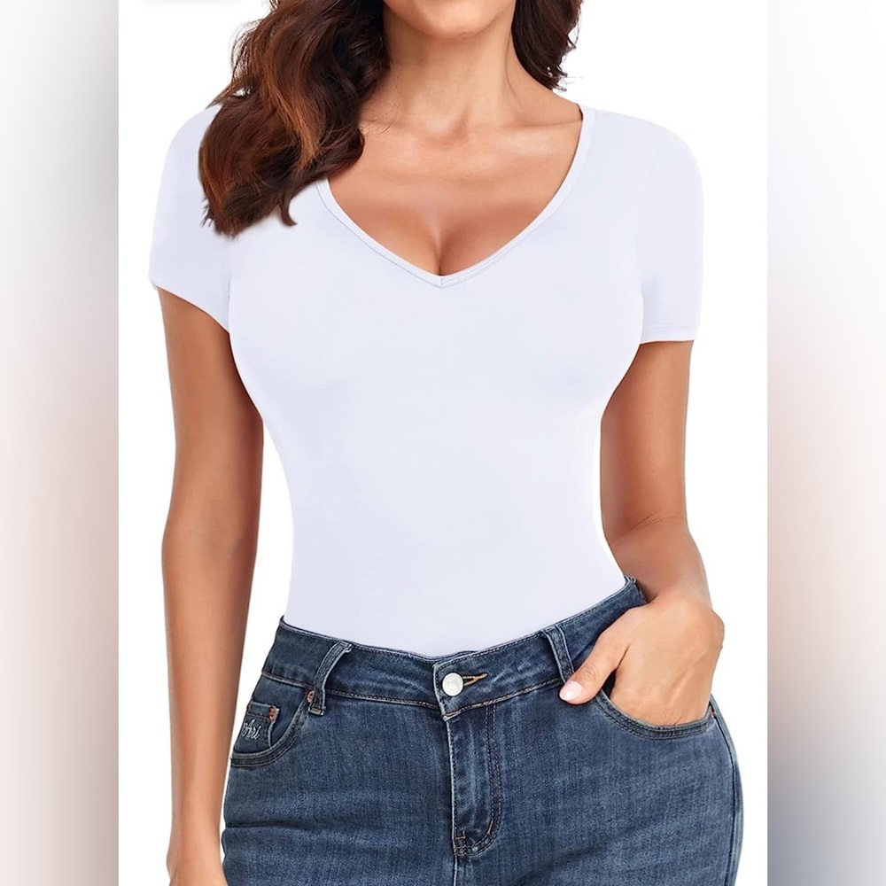 NWT 2 Pack Tummy Control Bodysuits Black White Deep V Neck Short Sleeve